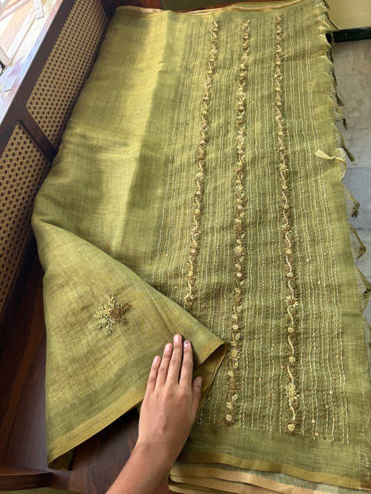 Premium Tissue Linen Sarees with heavy blouse - Green