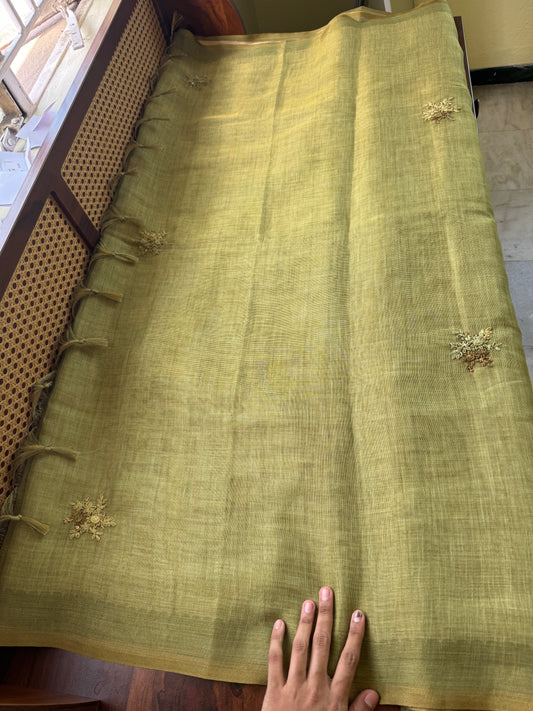 Premium Tissue Linen Sarees with heavy blouse - Green