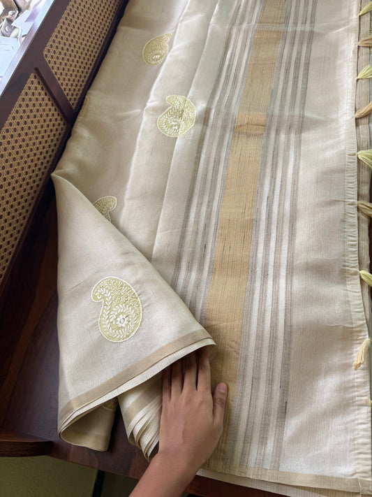 Mul Chanderi Tissue Saree - Cream & Golden