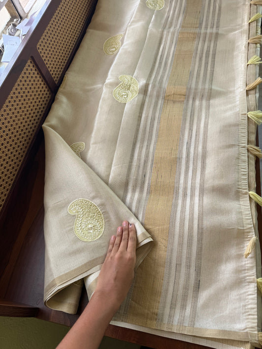 Mul Chanderi Tissue Saree - Cream & Golden