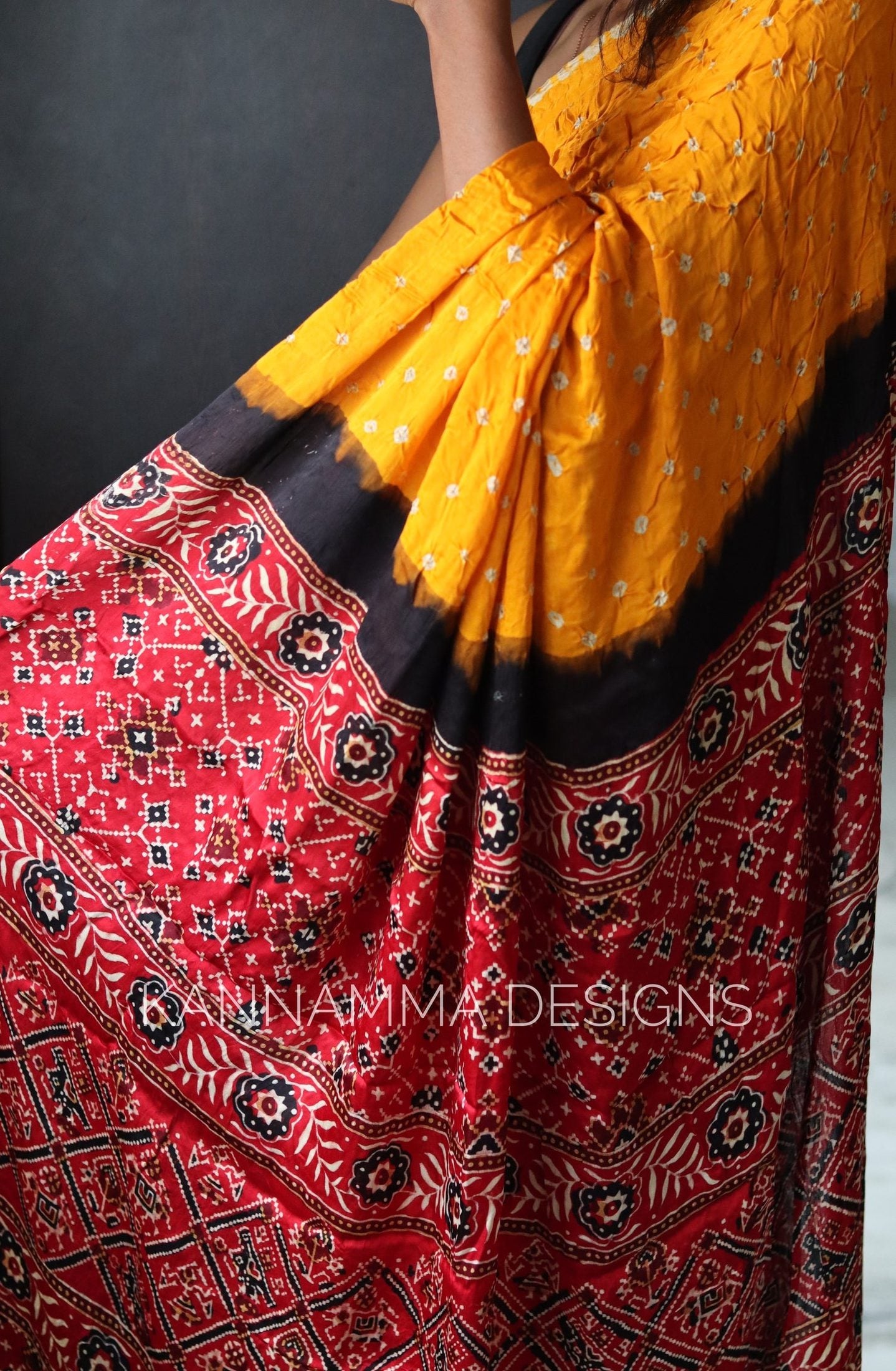 Ajrakh Bandhini Modal Silk Saree - Yellow