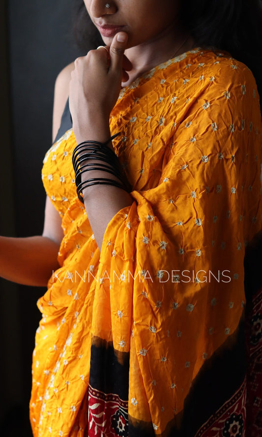 Ajrakh Bandhini Modal Silk Saree - Yellow