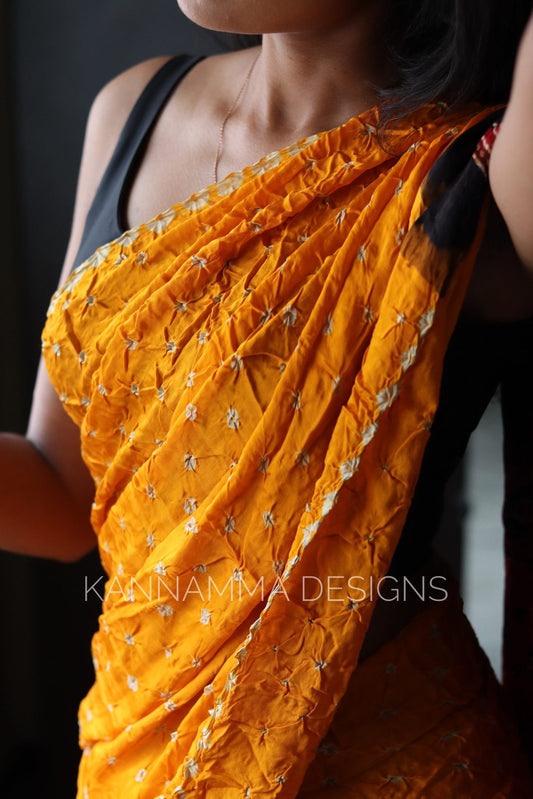 Ajrakh Bandhini Modal Silk Saree - Yellow