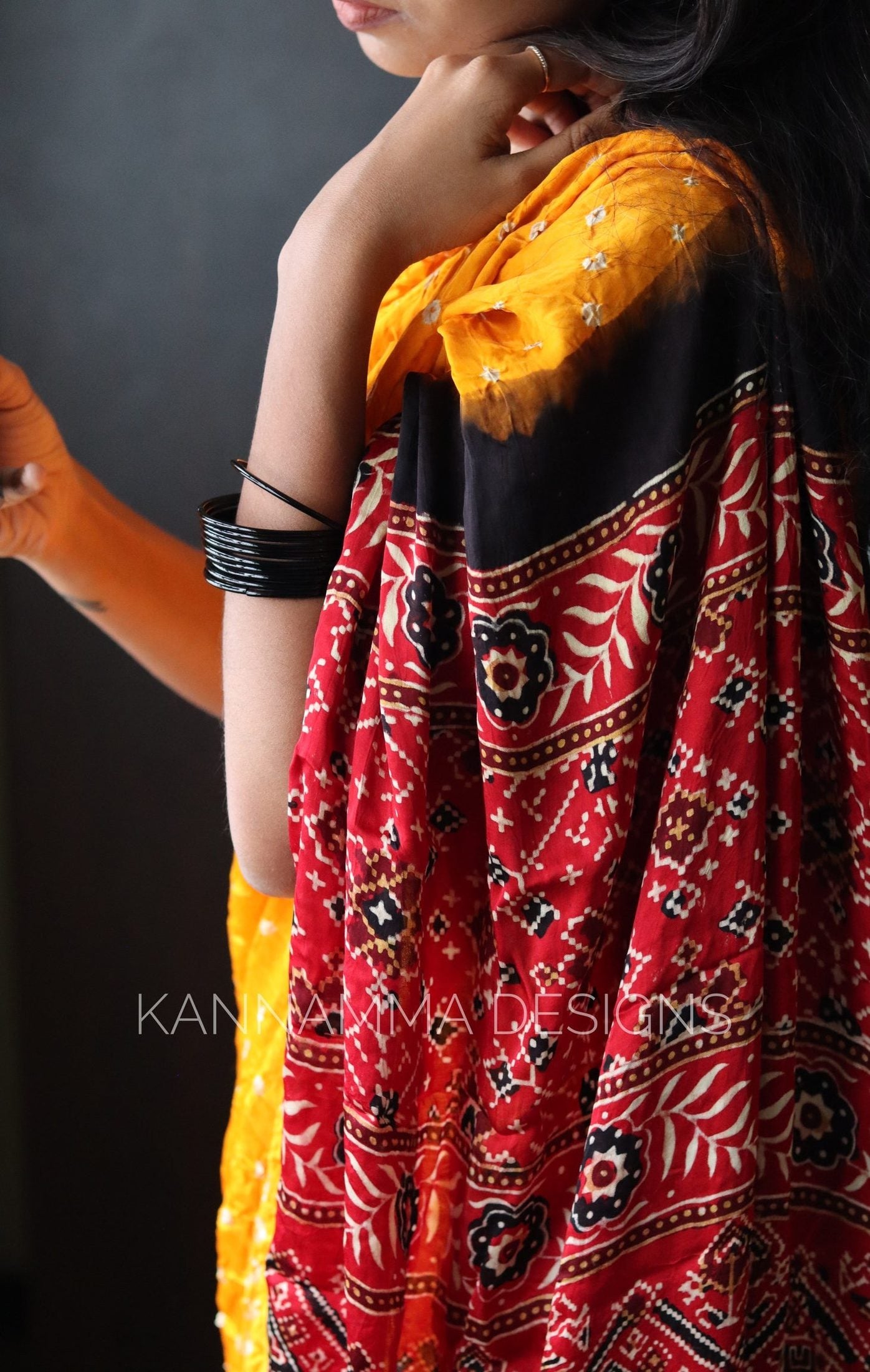 Ajrakh Bandhini Modal Silk Saree - Yellow