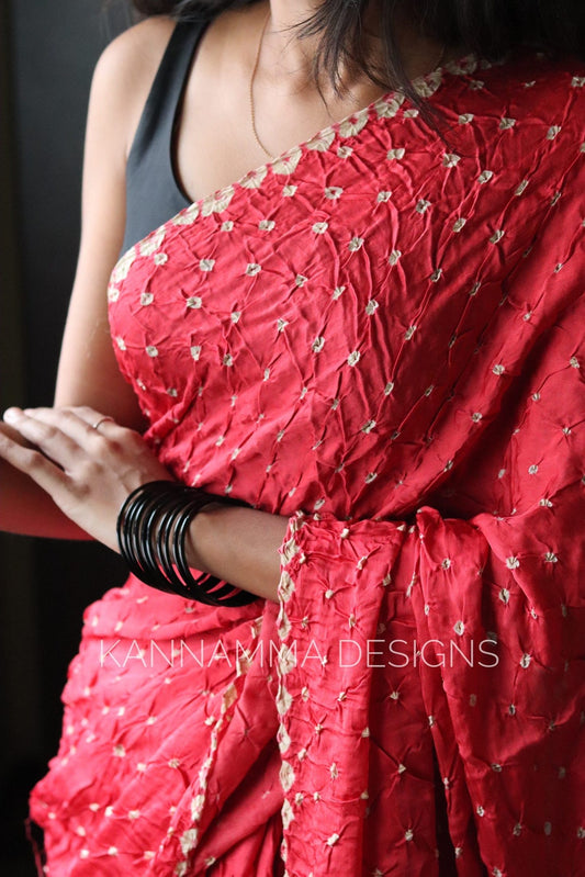 Ajrakh Bandhini Modal Silk Saree - Peach Pink