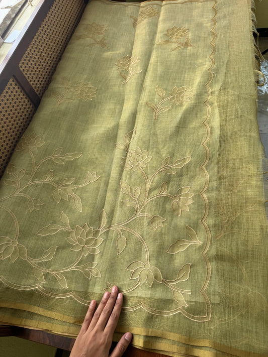 Premium Tissue Linen Sarees with appliqué - Green