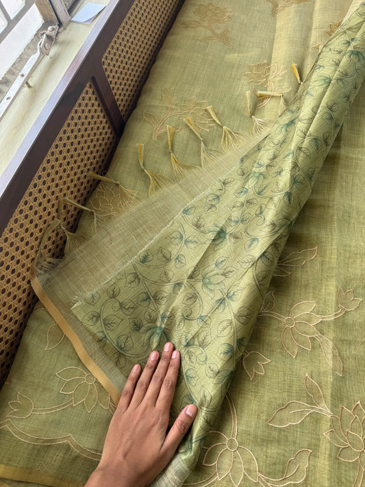 Premium Tissue Linen Sarees with appliqué - Green