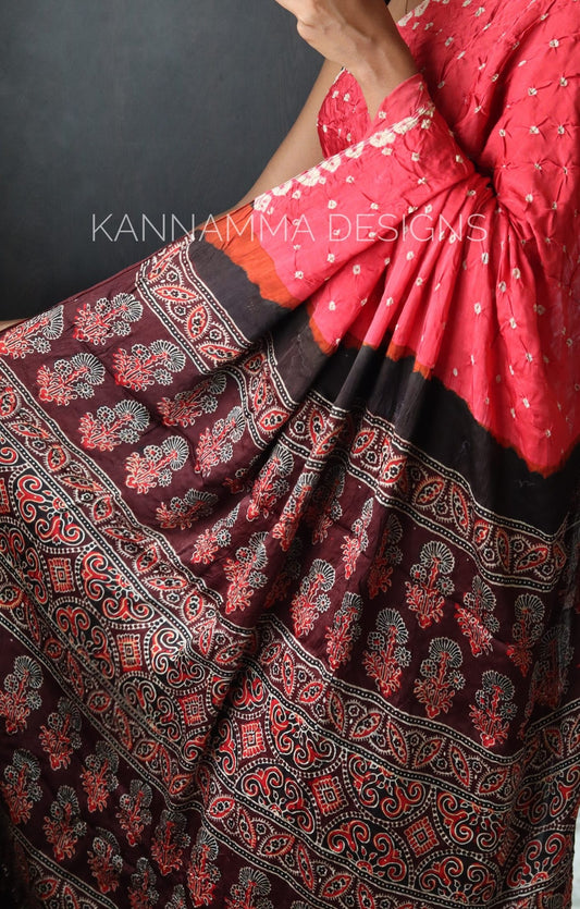 Ajrakh Bandhini Modal Silk Saree - Peach Pink