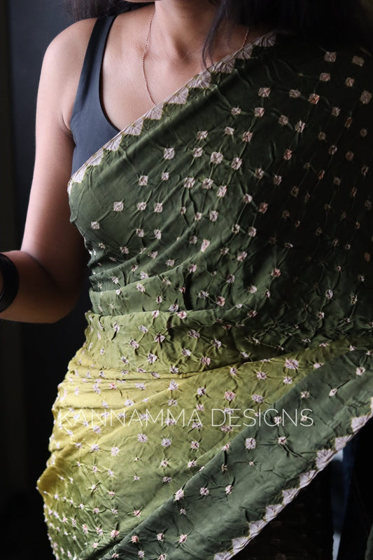 Ajrakh Bandhini Modal Silk Saree - Ombre Green