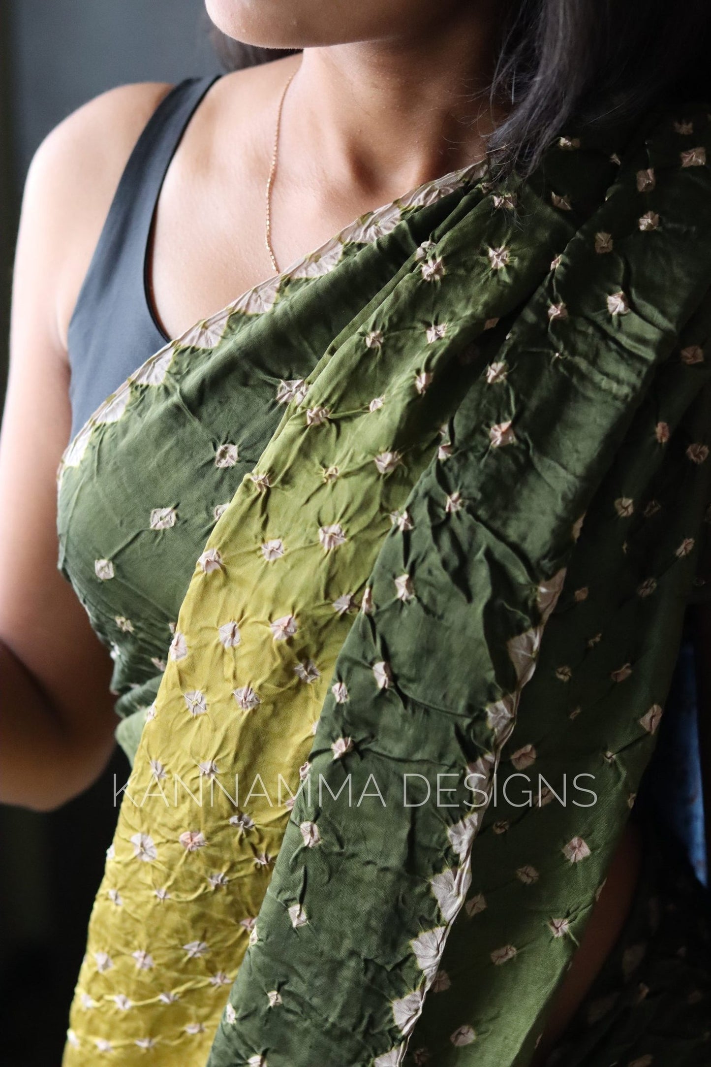 Ajrakh Bandhini Modal Silk Saree - Ombre Green