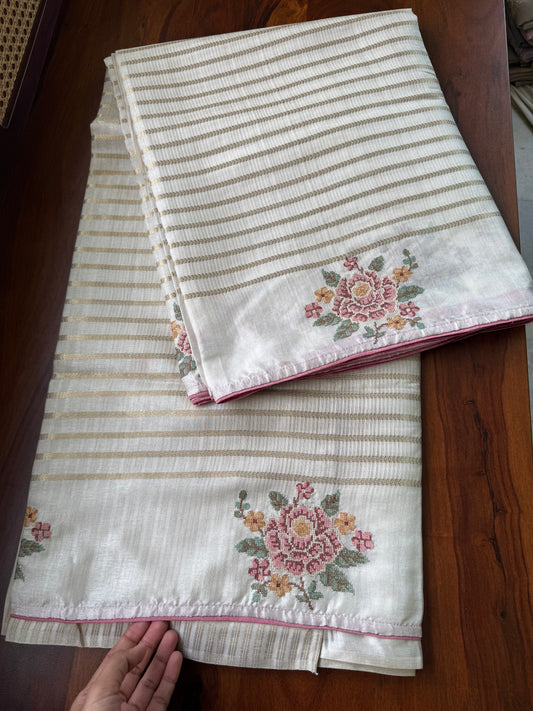 Elegant Semi tussar saree - Ivory with Pink