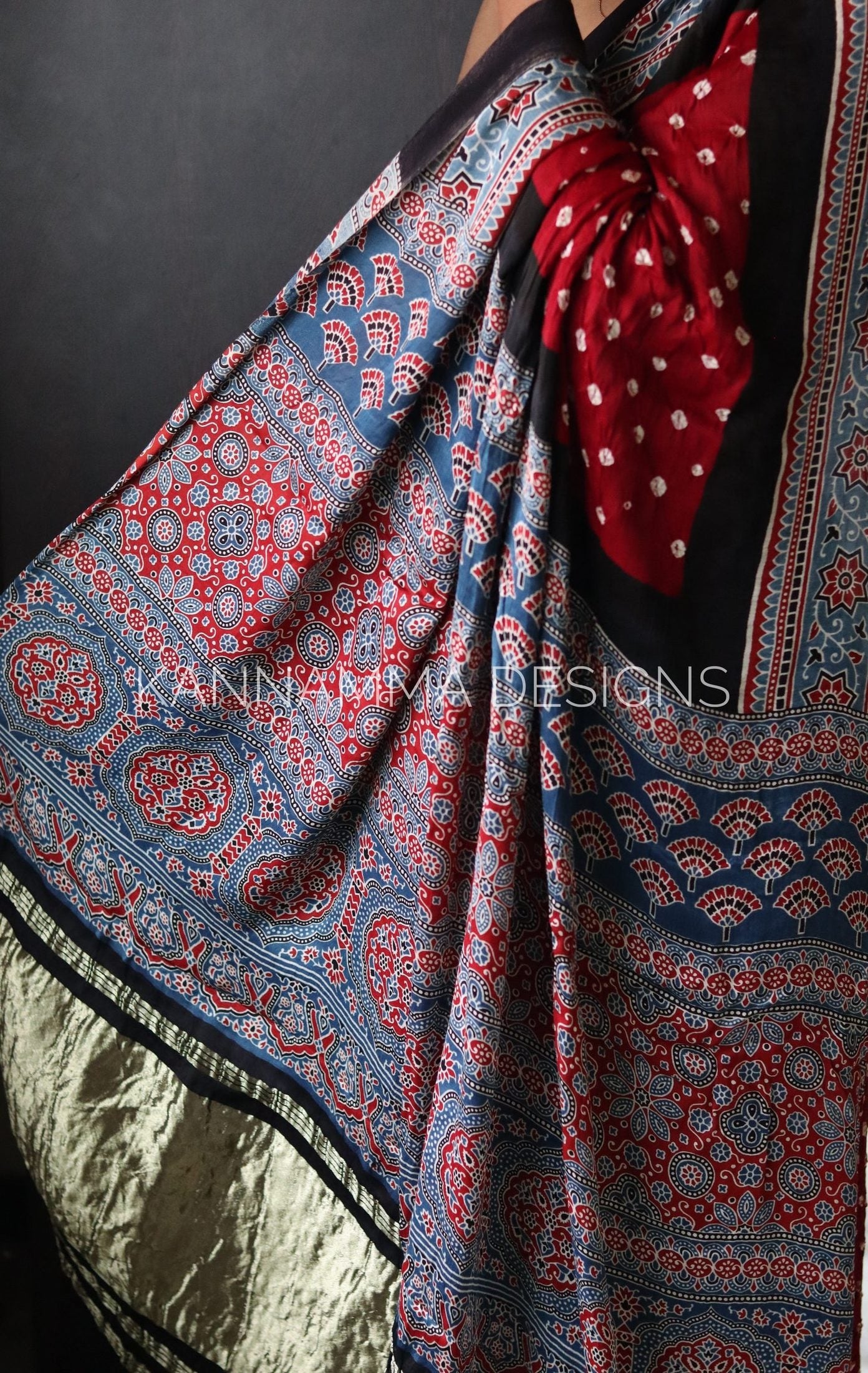 Ajrakh Bandhini Modal Silk Saree - Marooon