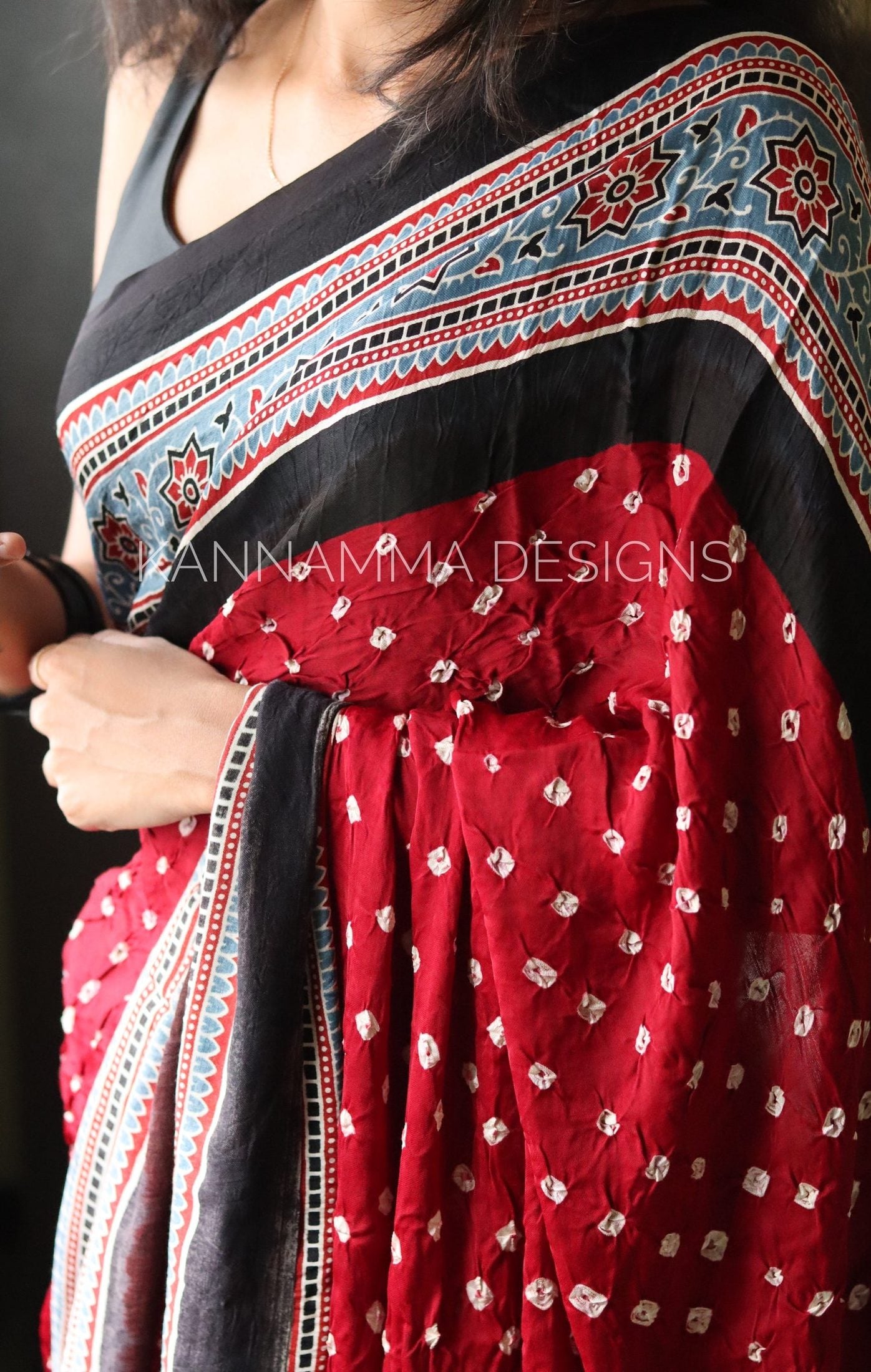 Ajrakh Bandhini Modal Silk Saree - Marooon