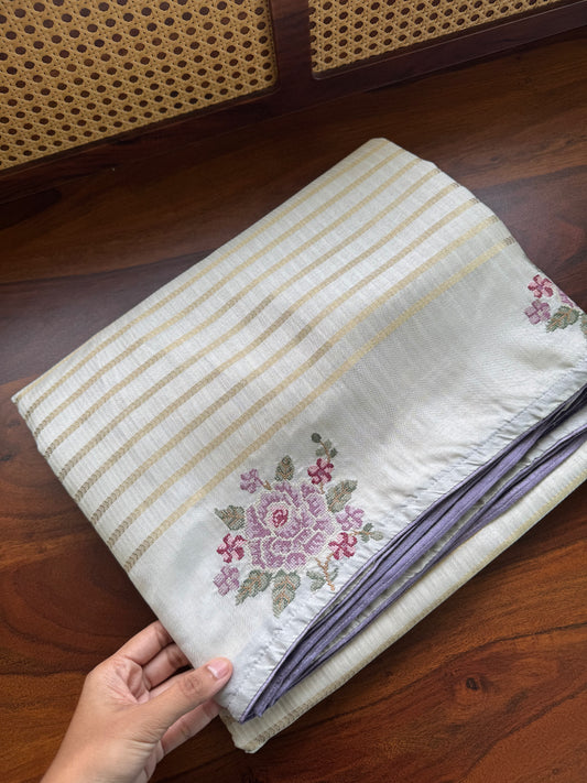 Elegant Semi tussar saree - Ivory with lavender