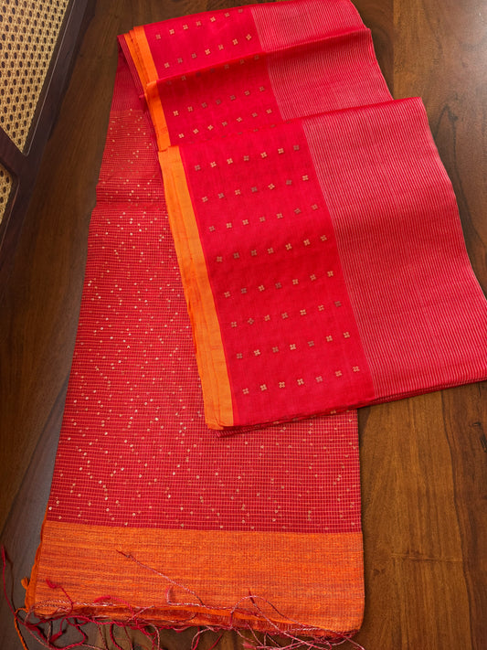 Pure Kora Jamdhani Saree - Red
