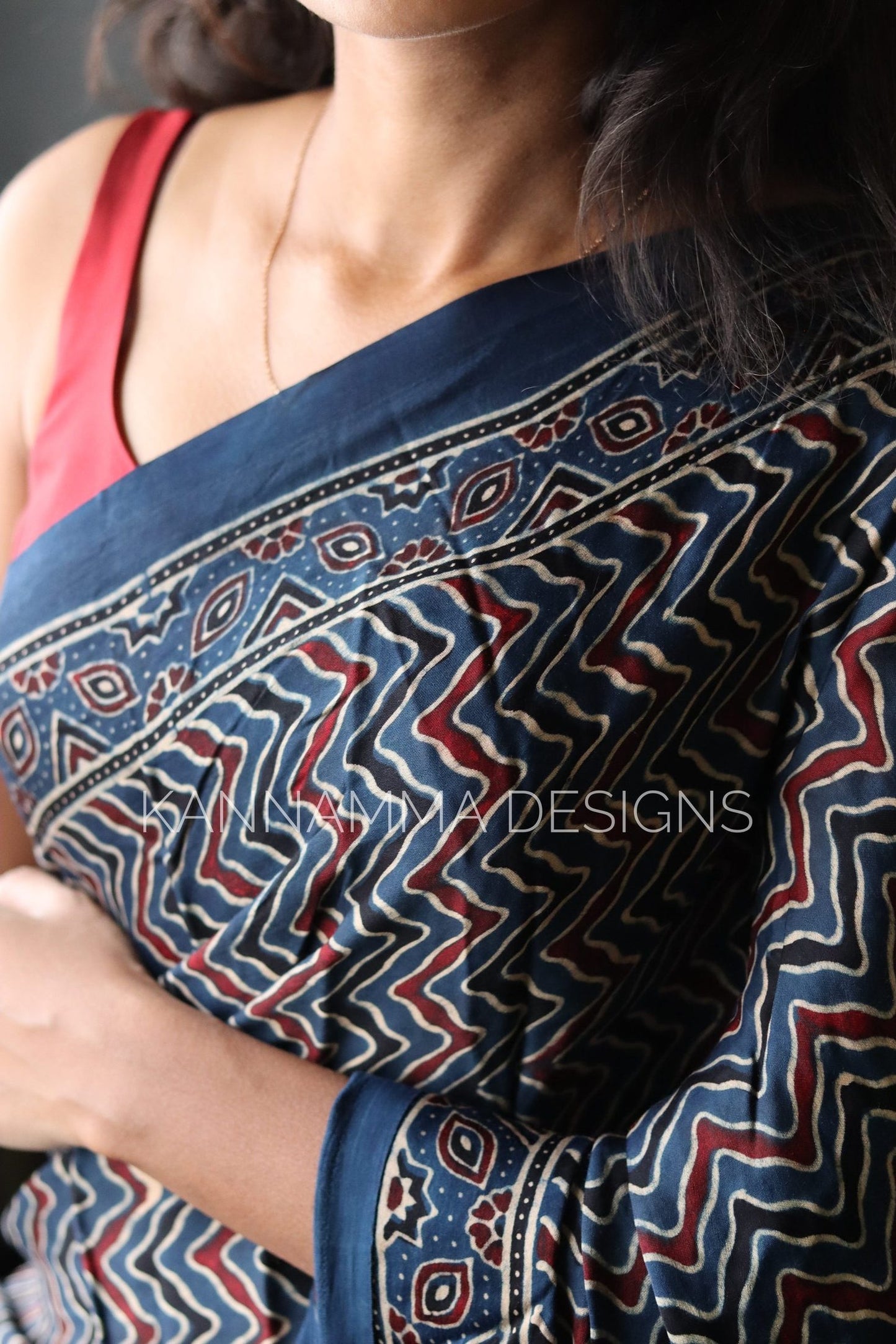 Ajrakh Modal Silk Saree - Blue & Maroon