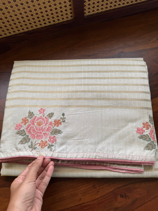 Elegant Semi tussar saree - Ivory with Peach