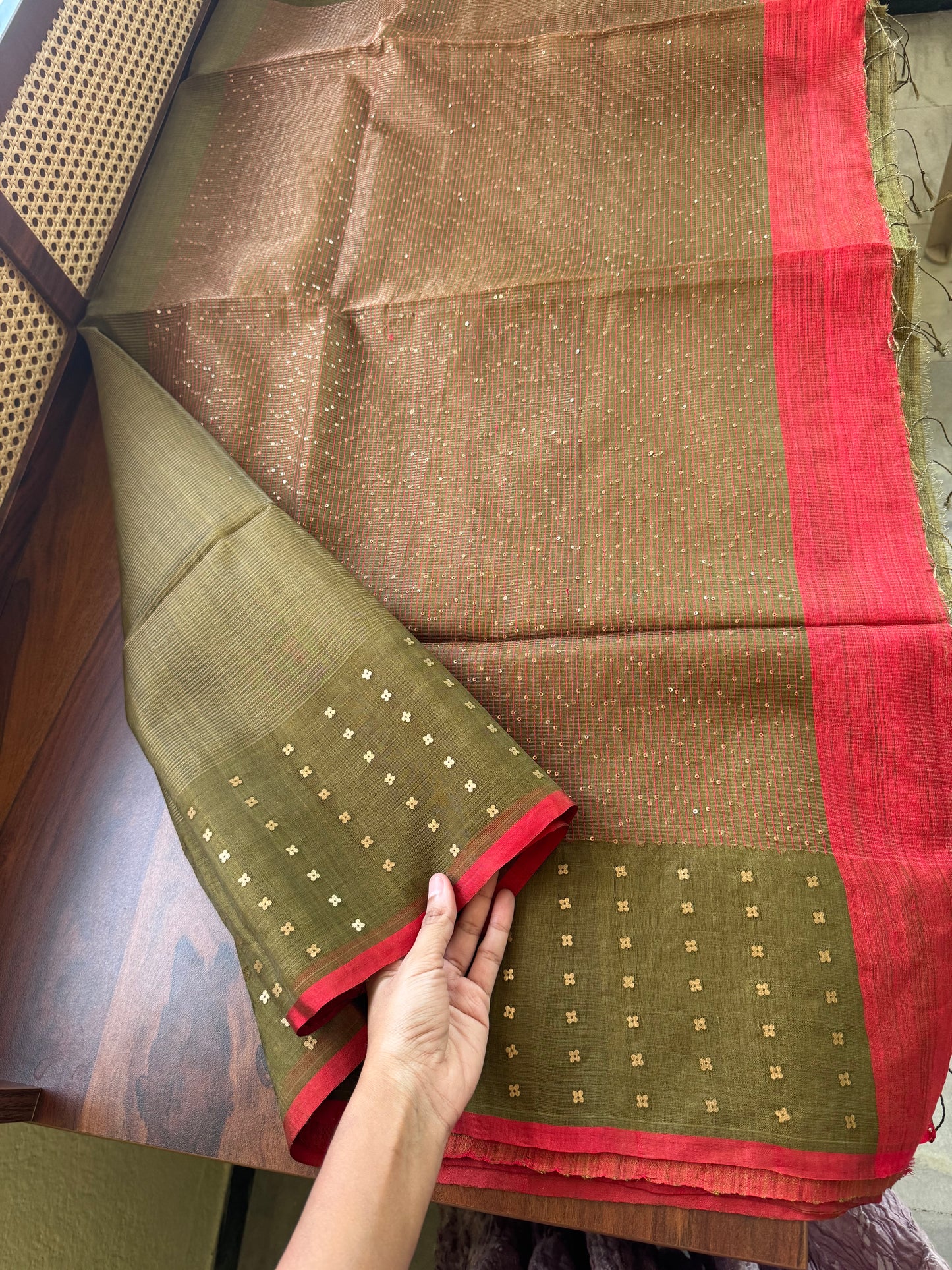 Pure Kora Jamdhani Saree - Olive Green