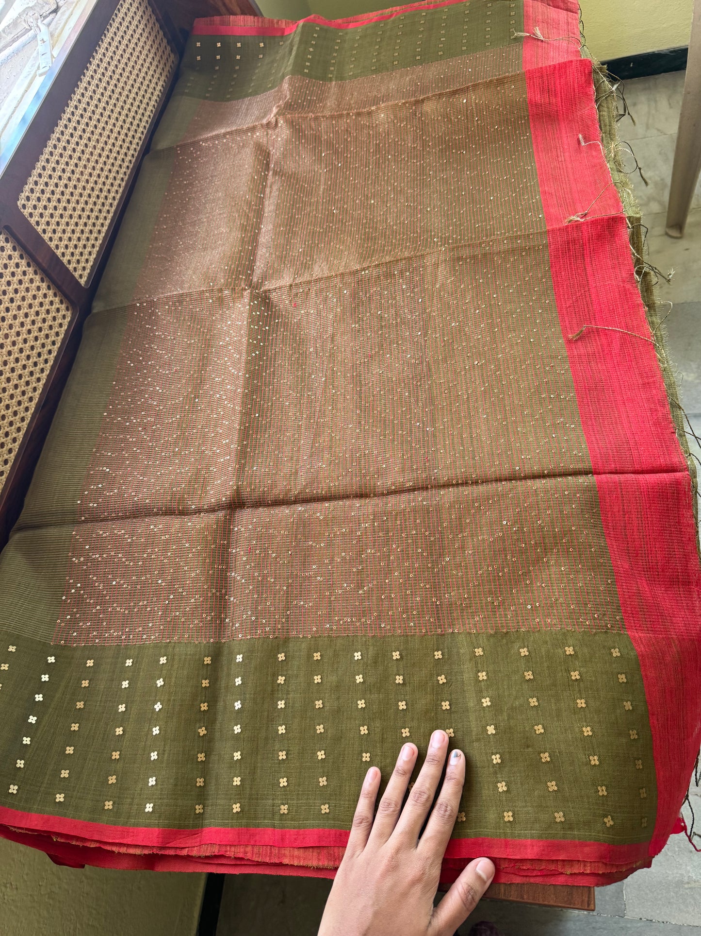 Pure Kora Jamdhani Saree - Olive Green