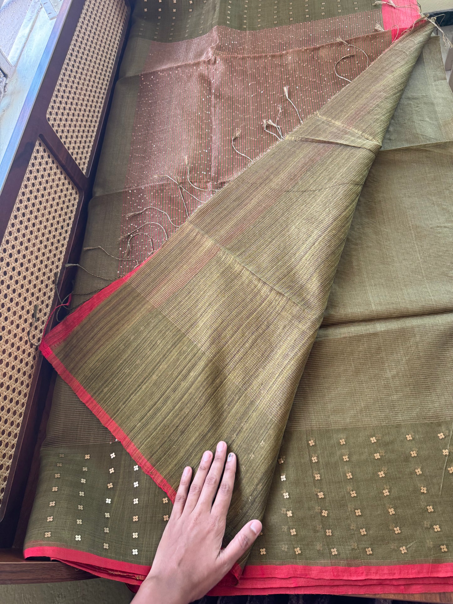 Pure Kora Jamdhani Saree - Olive Green