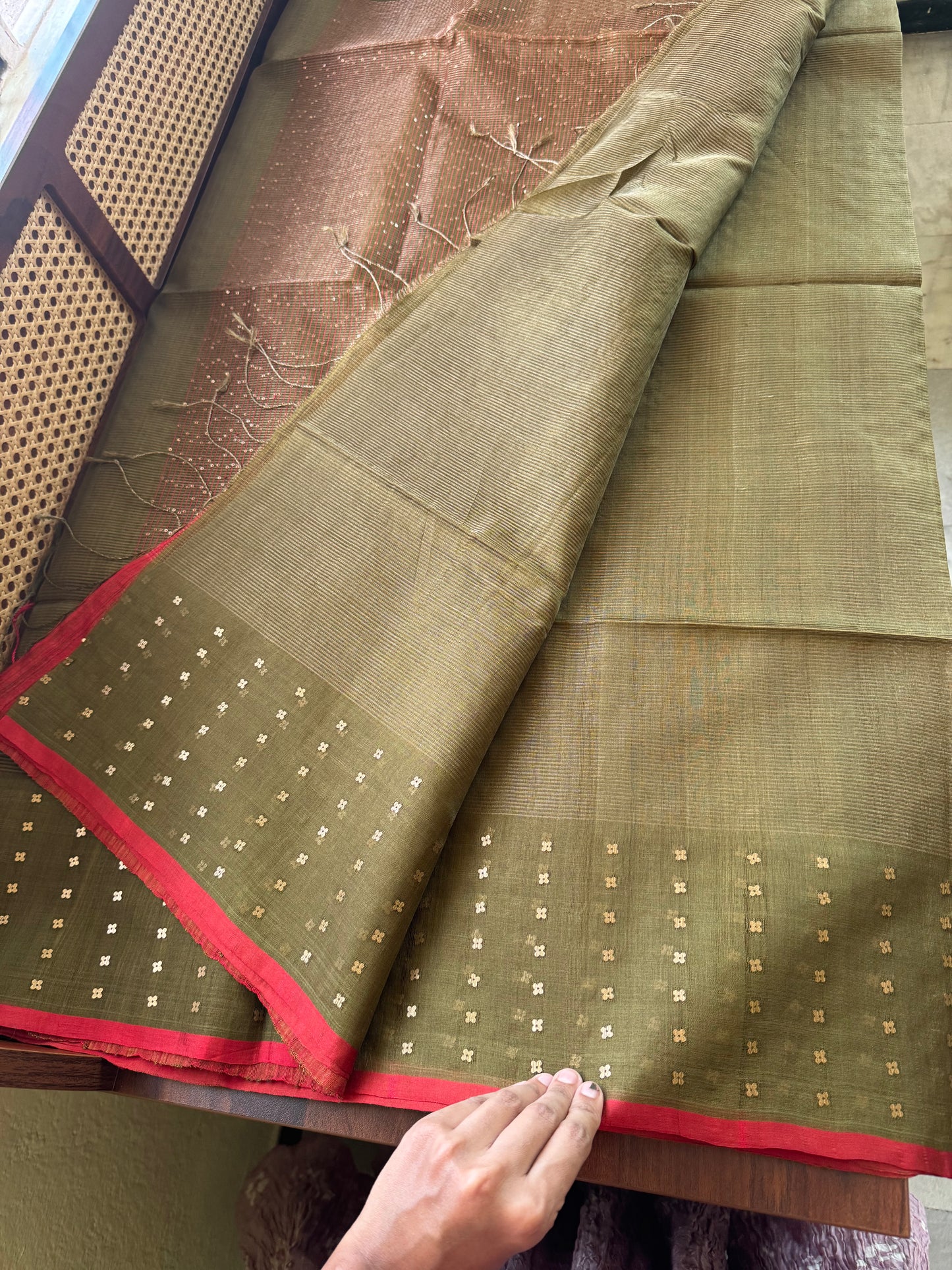 Pure Kora Jamdhani Saree - Olive Green