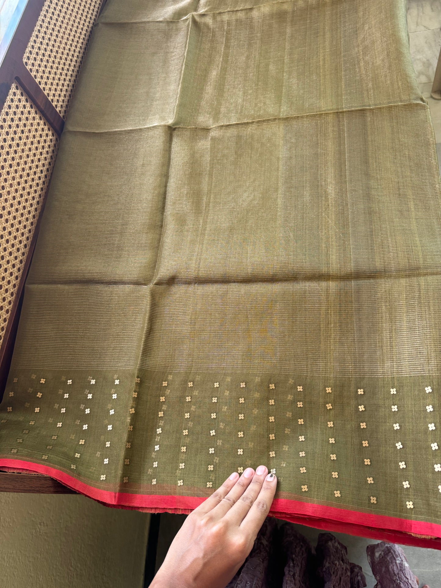 Pure Kora Jamdhani Saree - Olive Green