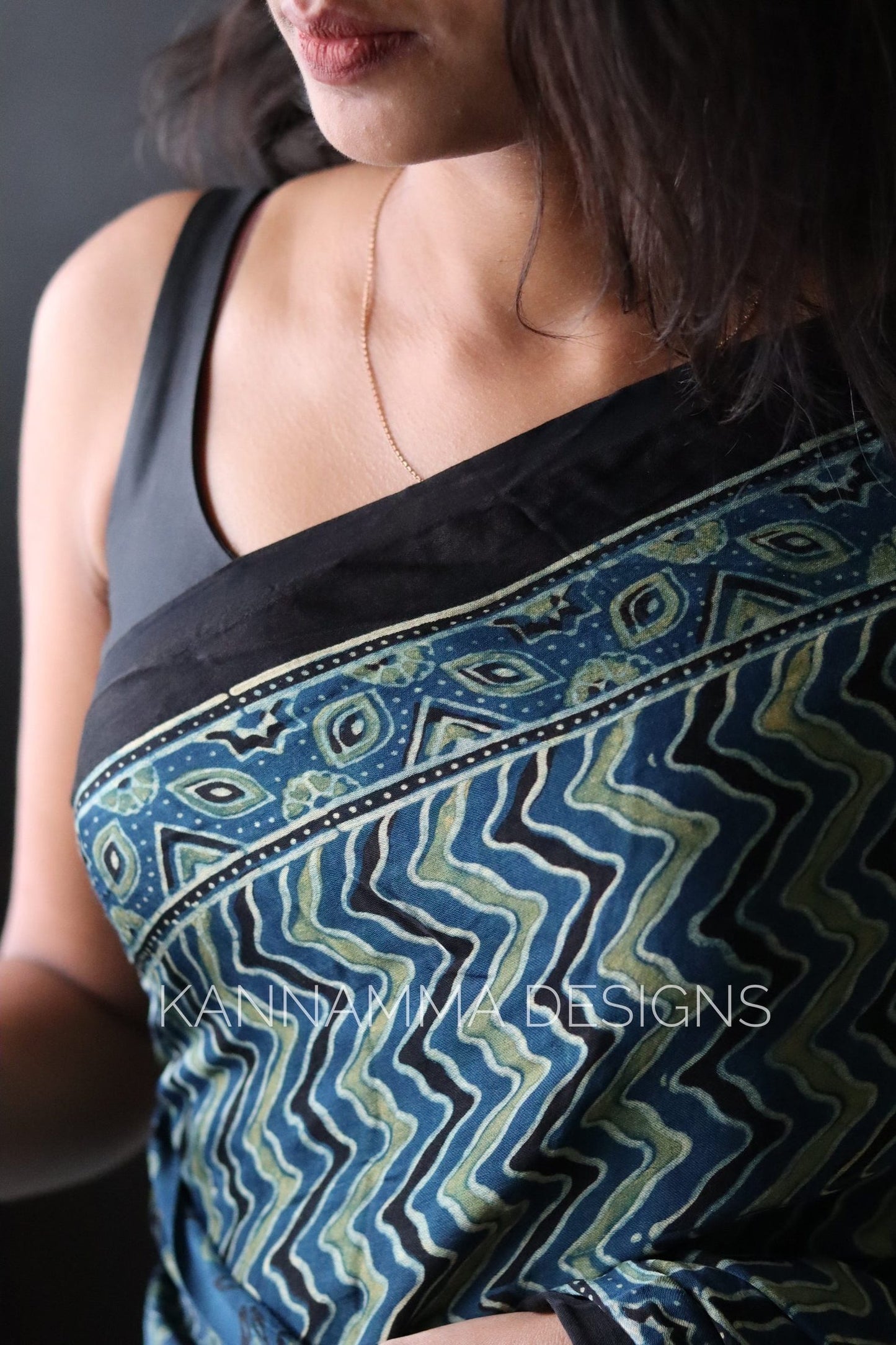 Ajrakh Modal Silk Saree - Blue & Green