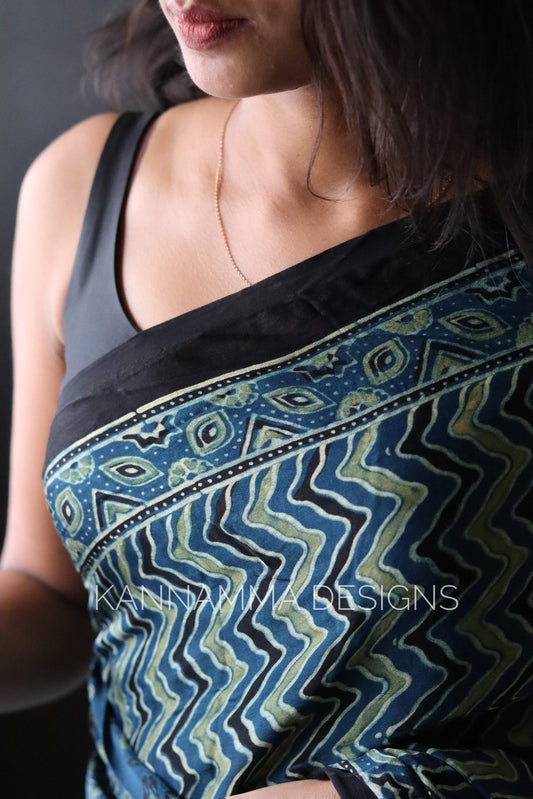 Ajrakh Modal Silk Saree - Blue & Green