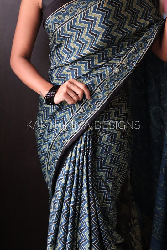 Ajrakh Modal Silk Saree - Blue & Green