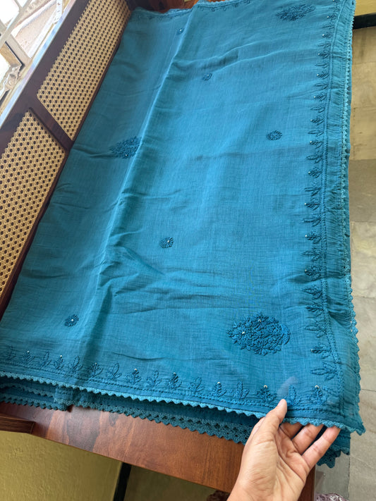 Pure Mul Chanderi Chikankari Saree - Blue