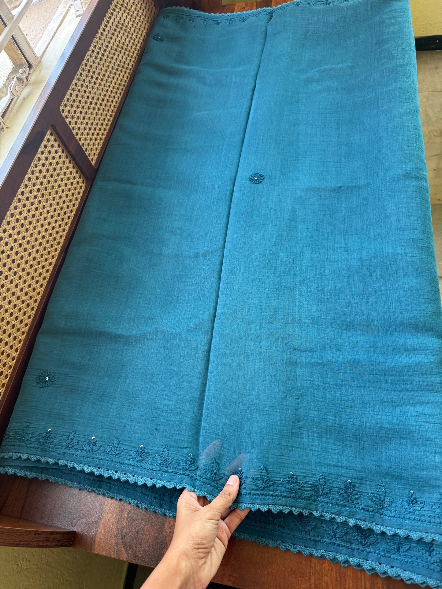 Pure Mul Chanderi Chikankari Saree - Blue