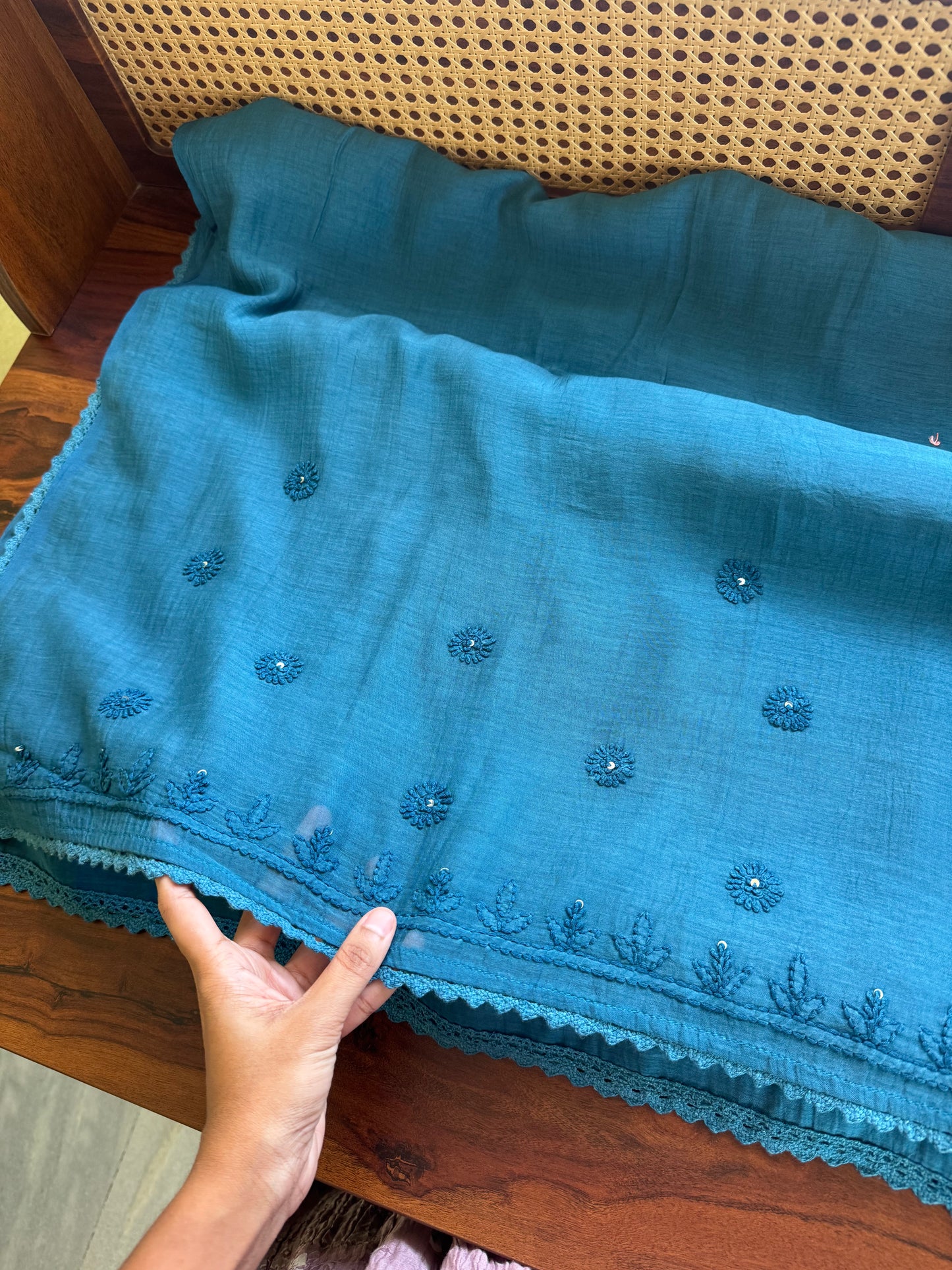 Pure Mul Chanderi Chikankari Saree - Blue