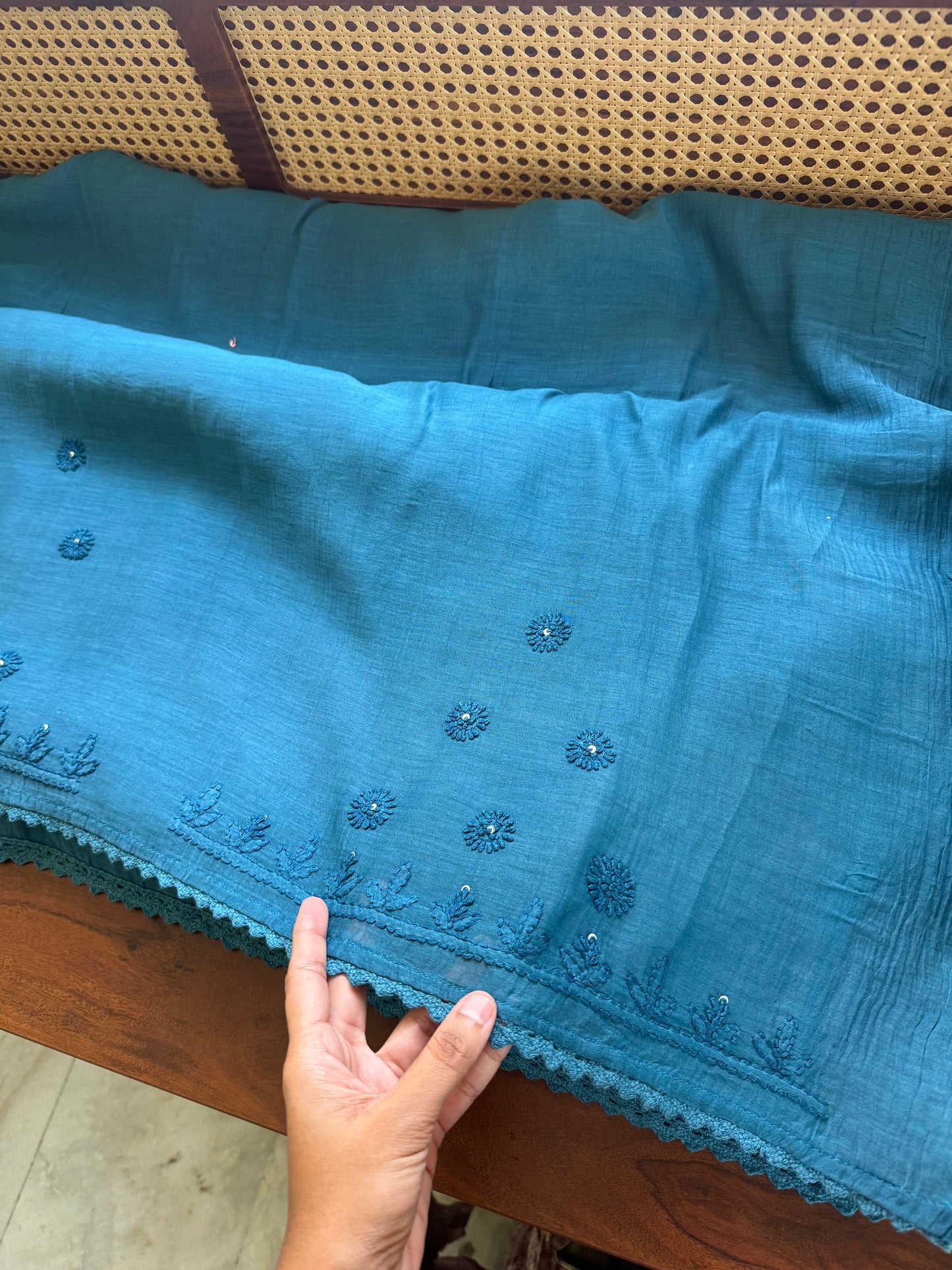 Pure Mul Chanderi Chikankari Saree - Blue