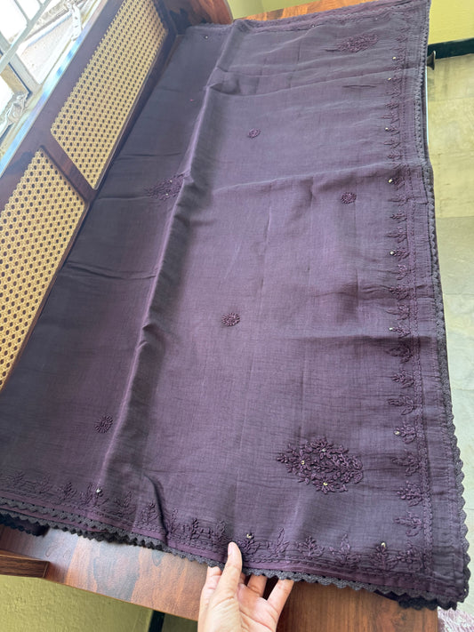 Pure Mul Chanderi Chikankari Saree - Brown