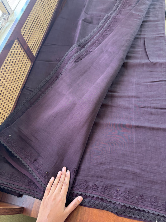Pure Mul Chanderi Chikankari Saree - Brown