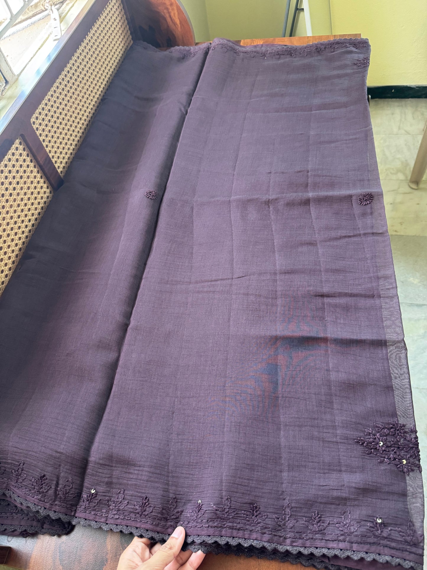 Pure Mul Chanderi Chikankari Saree - Brown