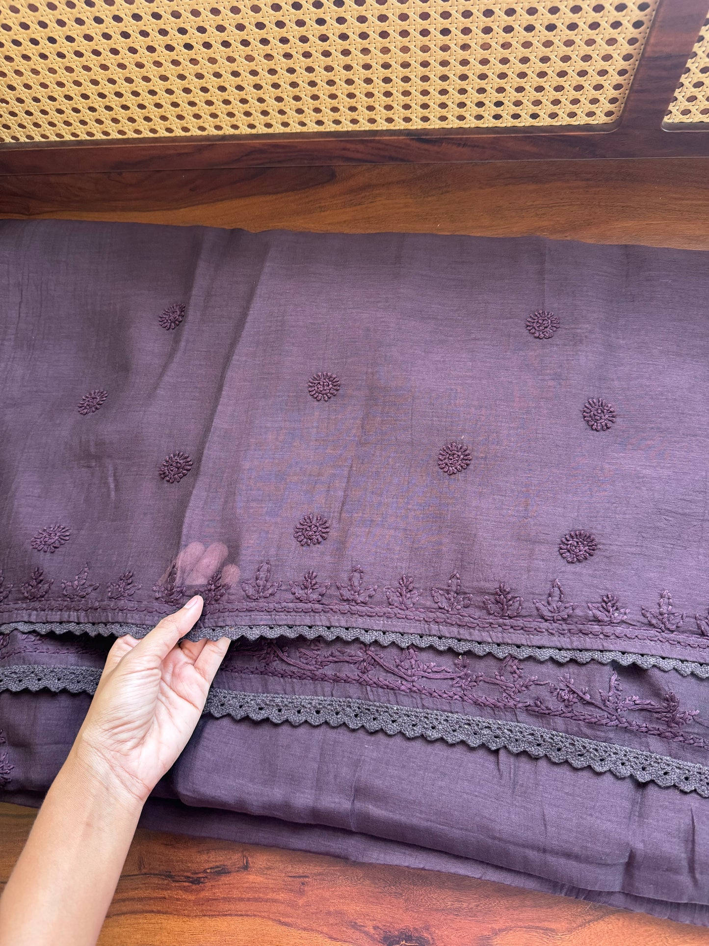 Pure Mul Chanderi Chikankari Saree - Brown