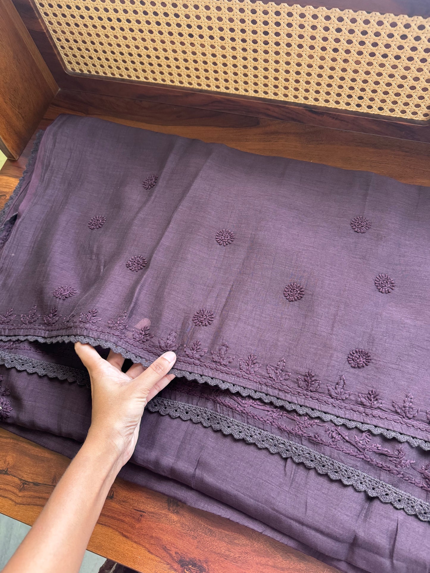 Pure Mul Chanderi Chikankari Saree - Brown