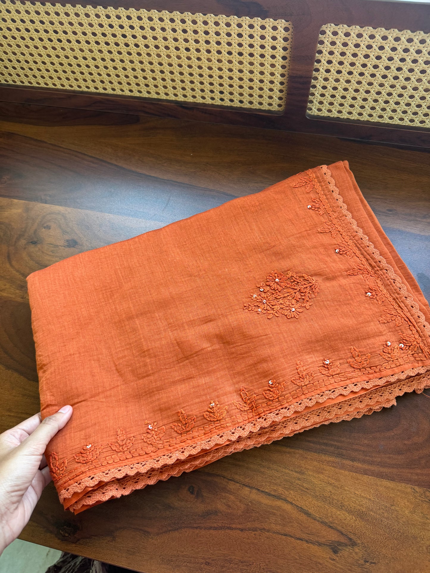 Pure Mul Chanderi Chikankari Saree - Orange