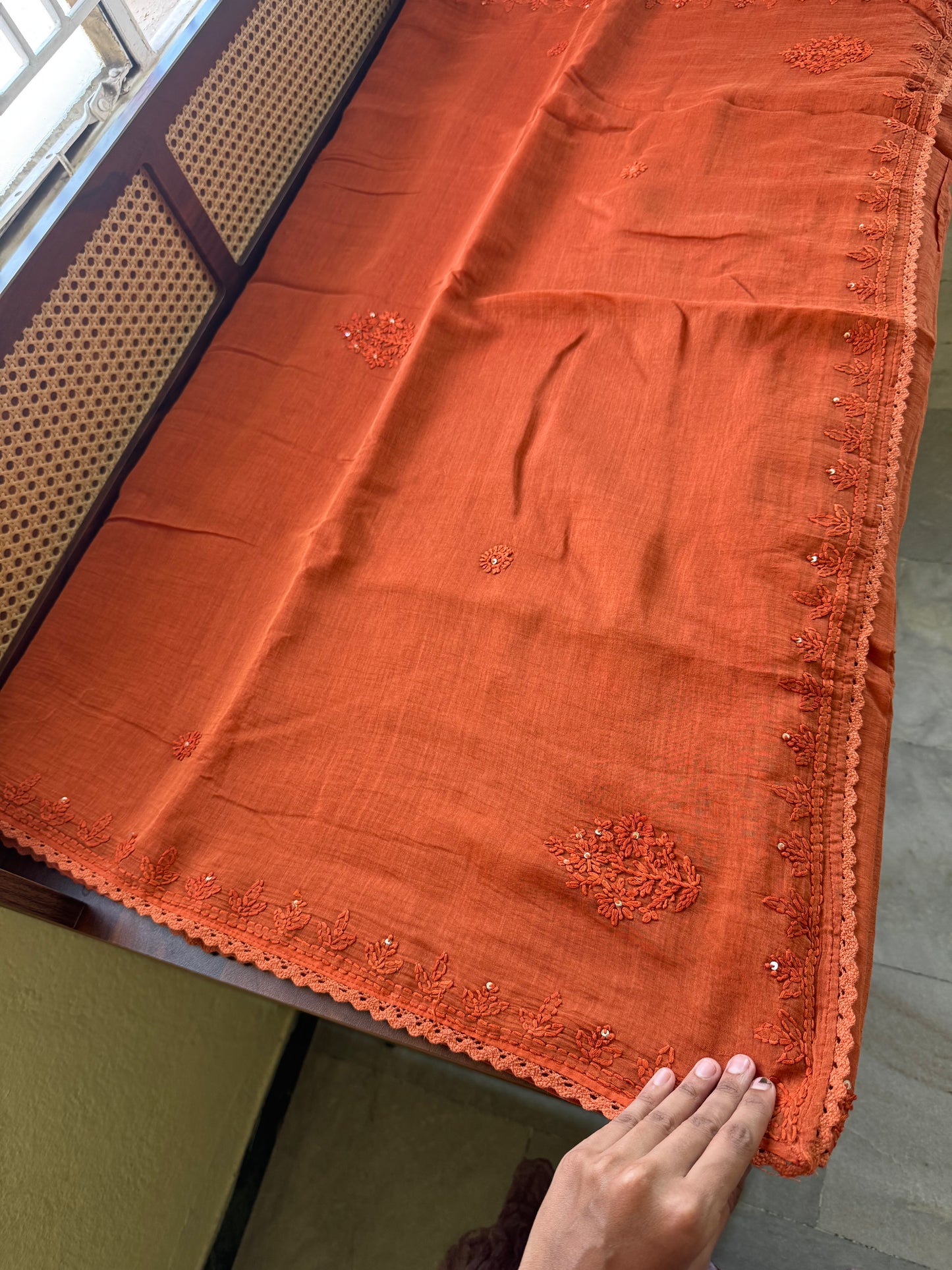 Pure Mul Chanderi Chikankari Saree - Orange