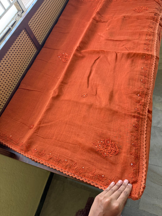 Pure Mul Chanderi Chikankari Saree - Orange