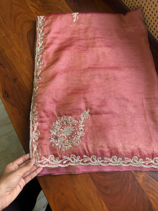 Luxe Tissue Saree with zari work - Pink Golden