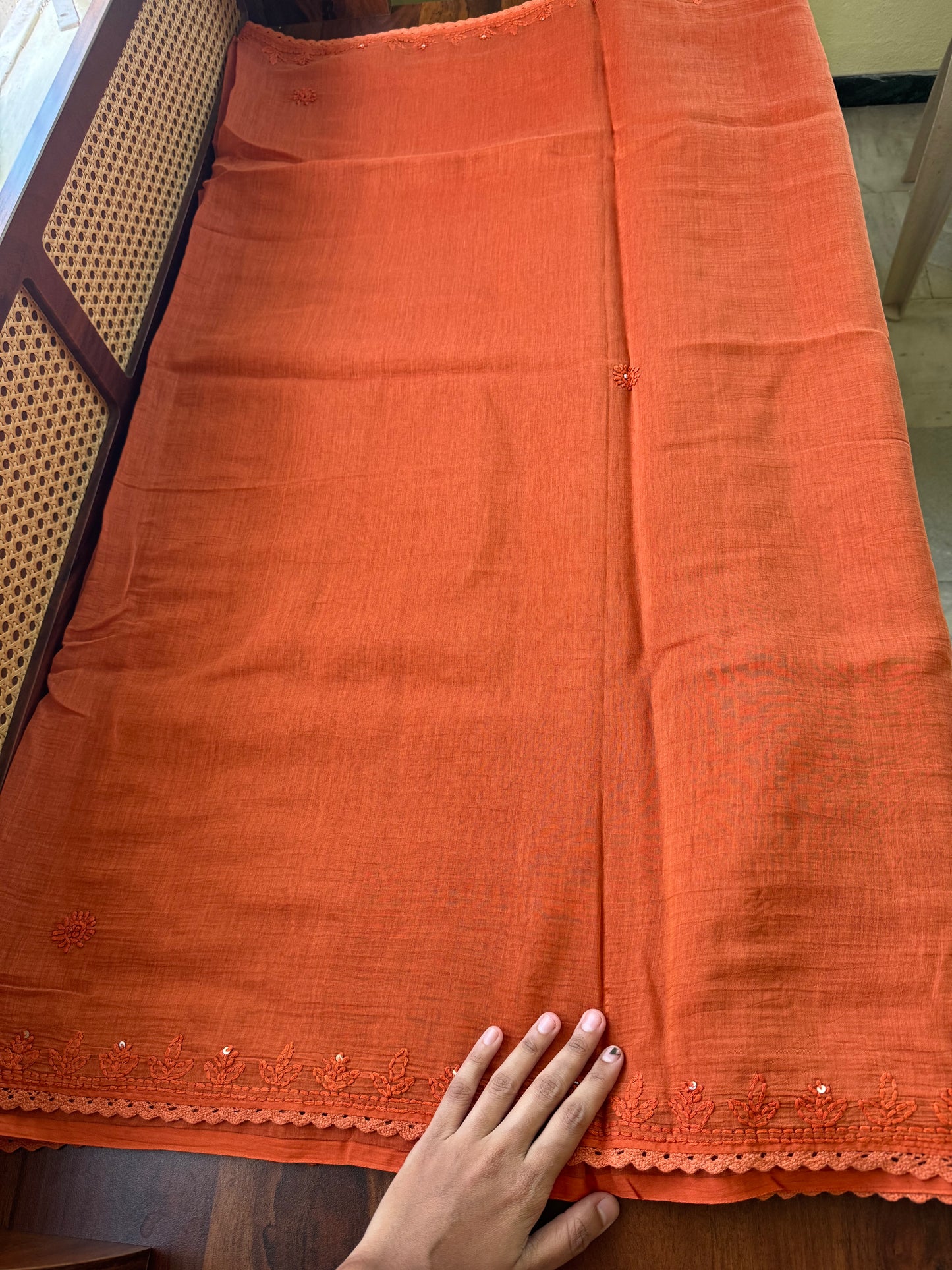 Pure Mul Chanderi Chikankari Saree - Orange