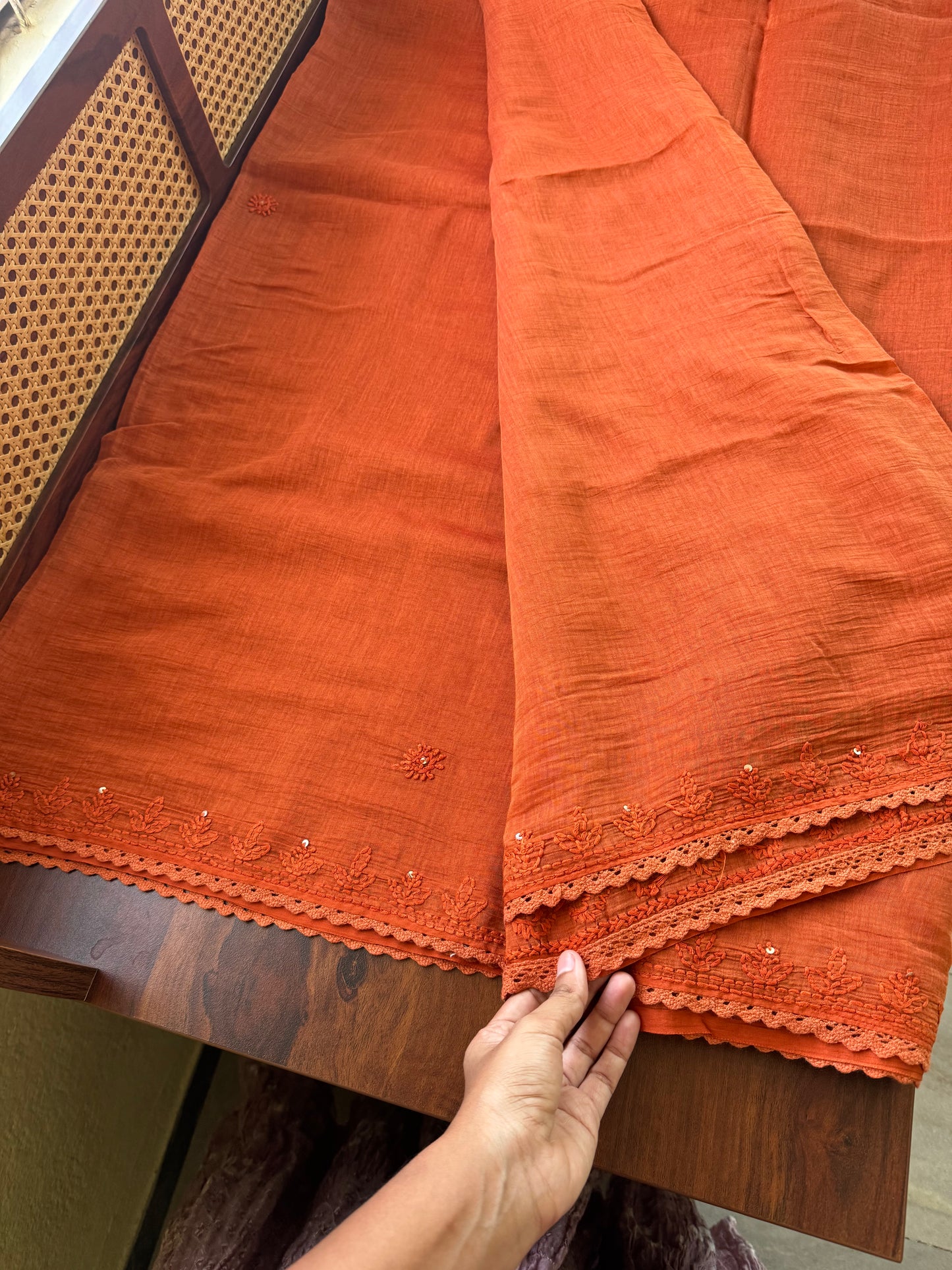 Pure Mul Chanderi Chikankari Saree - Orange