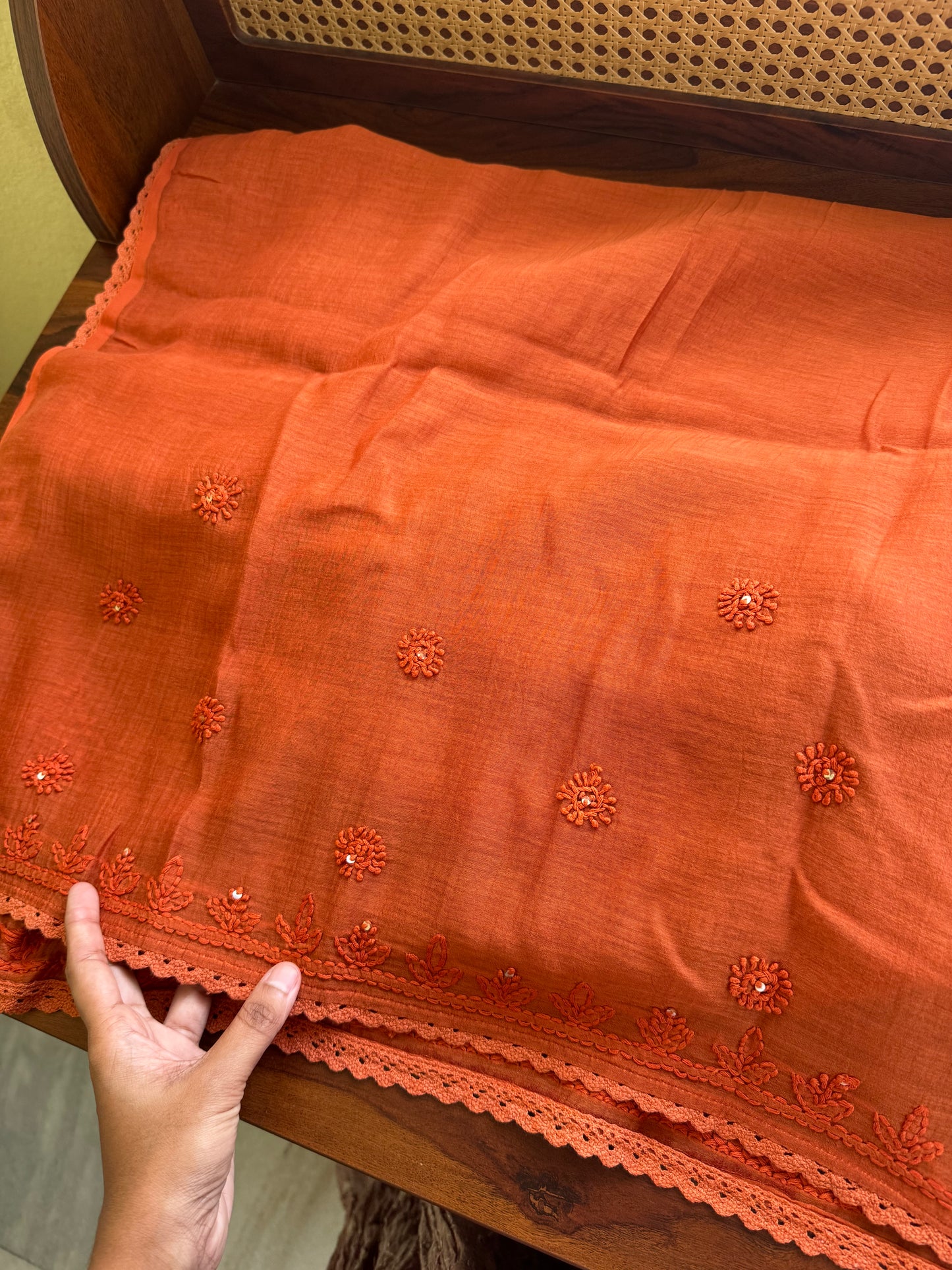 Pure Mul Chanderi Chikankari Saree - Orange
