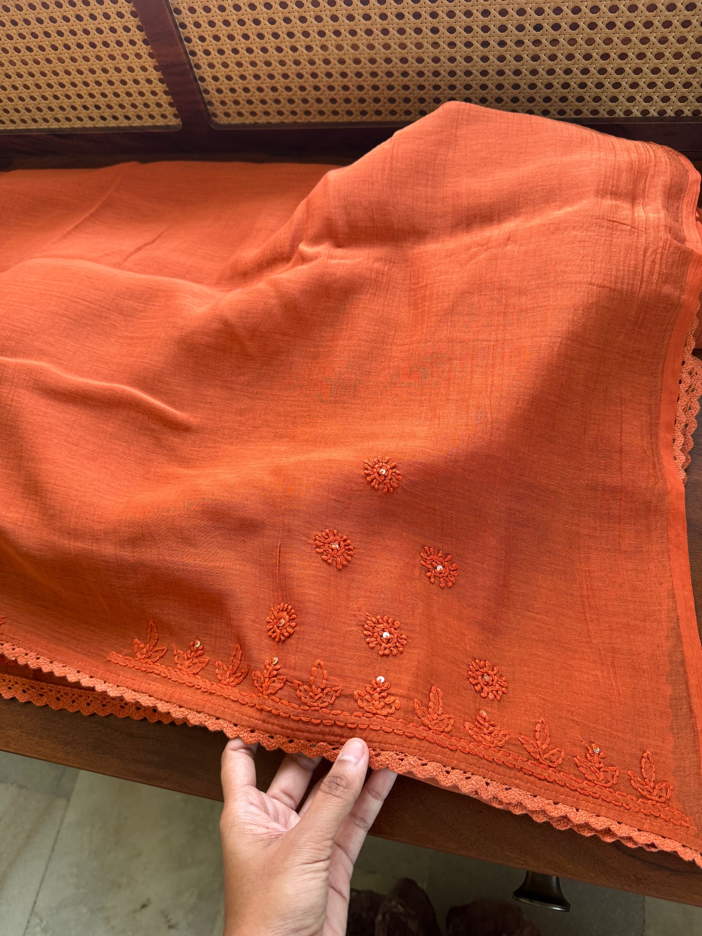 Pure Mul Chanderi Chikankari Saree - Orange