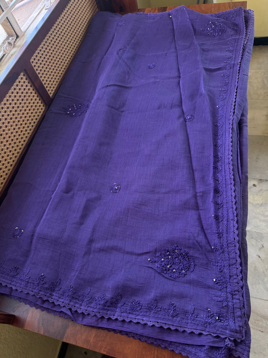 Pure Mul Chanderi Chikankari Saree - Violet