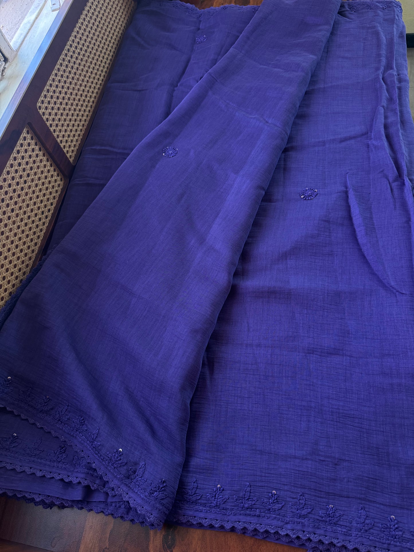 Pure Mul Chanderi Chikankari Saree - Violet