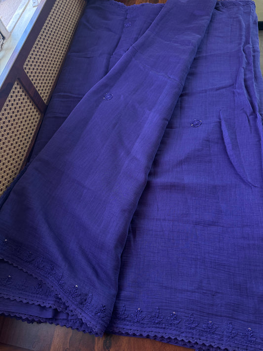 Pure Mul Chanderi Chikankari Saree - Violet