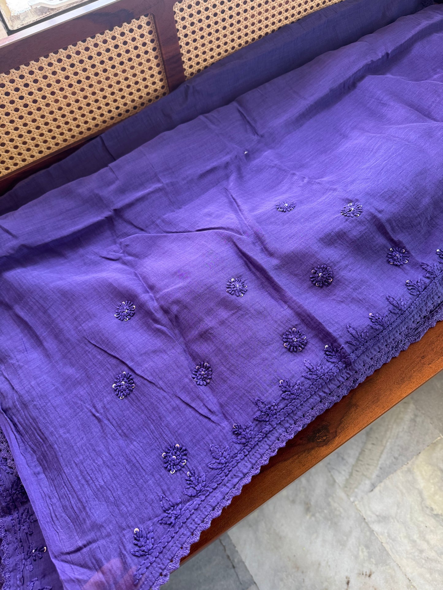 Pure Mul Chanderi Chikankari Saree - Violet